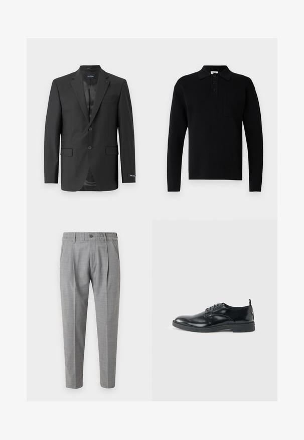 Zwarte op maat gemaakte blazer in een soepele stof, enkelvoudig met twee knopen, heeft een notch revers, twee voorzakken en een stijlvolle voering.; Zwart poloshirt met lange mouwen gemaakt van zacht materiaal, voorzien van een kraag, een drieknopsbies en een klein borstzakje.; Lichtgrijze op maat gemaakte broek met elastische tailleband, knoopsluiting, zijzakken en voorvouwen, afgebeeld tegen een egale achtergrond.; Glanzende zwarte lederen nette schoen met lage hak, vetersluiting en ronde neus, van opzij getoond tegen een effen lichte achtergrond.