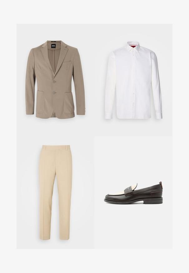 Beige op maat gemaakte blazer van zacht stof. Heeft een enkelvoudige knopen en twee knopen, met puntige revers en twee voorzakken.; Witte overhemd met lange mouwen van katoen, met een klassieke kraag, een voorkant met knopen en een gladde textuur. Rode details aan de binnenkant van de kraag.; Beige op maat gemaakte broek met een recht gesneden ontwerp, gemaakt van lichtgewicht stof, met twee voorzakken en nette, geplooide vouwen.; Donkerbruine leren herenloafer met crèmekleurig stoffen paneel en klassiek doorgestikt riemdetail, platte zool en trekhaak bij de hak.