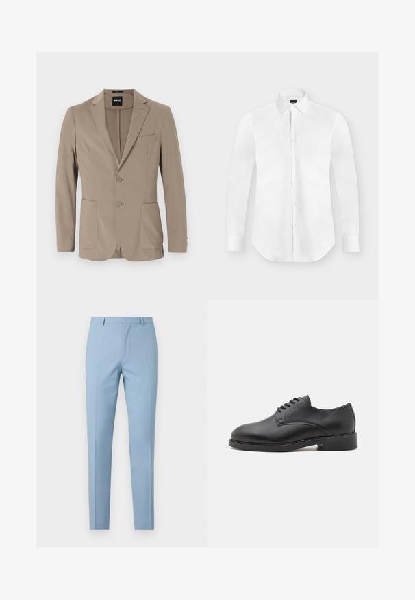 Beige op maat gemaakte blazer van zacht stof. Heeft een enkelvoudige knopen en twee knopen, met puntige revers en twee voorzakken.; Witte lange mouwen overhemd met knopen en spitse kraag, plat liggend op een lichtgrijze achtergrond.; Lichtblauwe op maat gemaakte broek met een slim fit, gladde textuur, kreukvrij voorpand, nauwsluitende tailleband en ceintuurlussen. Geen zichtbare zakken.; Zwarte lederen oxford schoen met een ronde neus, voorzien van een gladde afwerking, vijf-oog veter sluiting en een lage gestapelde hak.
