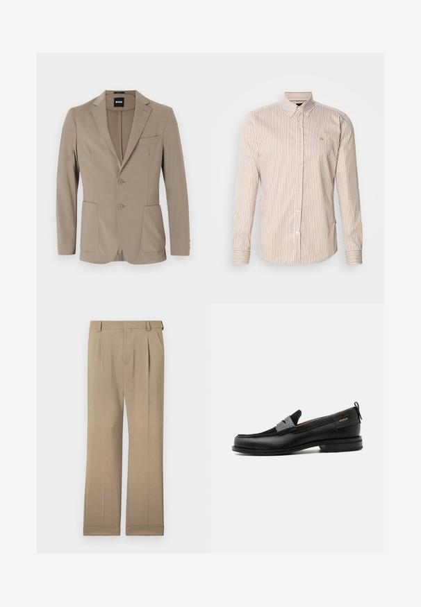 Beige op maat gemaakte blazer van zacht stof. Heeft een enkelvoudige knopen en twee knopen, met puntige revers en twee voorzakken.; Gestreept overhemd met knoopjes in beige en lichtbruin. Lange mouwen, klassieke kraag, knopen aan de voorkant en een klein logo op de borst. Gemaakt van katoen.; Beige broek van lichtgewicht stof, met een rechtstaand ontwerp, dubbele plooien en omgerolde manchetten voor een ontspannen pasvorm.; Zwarte leren loafer met grijs riemdetailelement, lage hak en gestructureerde zool, aan de zijkant gebrandmerkt met "HUGO" in goud.