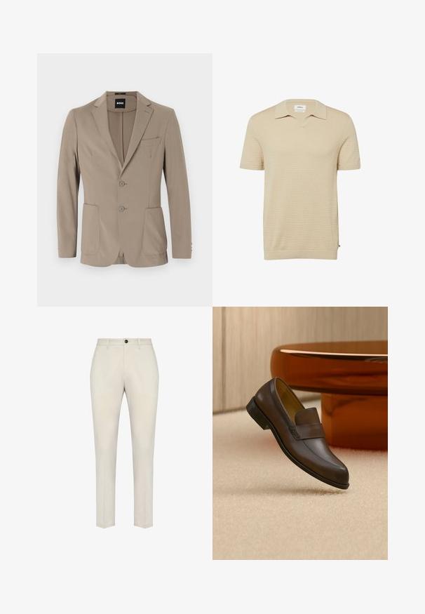 Beige op maat gemaakte blazer van zacht stof. Heeft een enkelvoudige knopen en twee knopen, met puntige revers en twee voorzakken.; Beige gebreid poloshirt met korte mouwen, textuurpatroon, geribde boorden en zoom, en een klein merklipje op de zijnaden.; Boggi Milano Chino - sand; Donkerbruine leren loafer zwevend boven een beige tapijt met een gepolijste ronde houten tafel op de achtergrond.