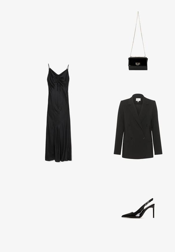 Sort dobbeltbrystet blazer med skræddersyet pasform, reverskrave, to forlommer og sorte knapper. Glat stof med et enkelt design.; Sort satin kjole med justerbare spaghettistropper, sammensyning ved bæsten og en slidse i siden. Glat tekstur, knælangt design.; Sort patentlæder slingback hæl med spids tå og stiletto hæl. Har et udsnit design og justerbar rem med metalhardware.; Sort patentlæder håndtaske med en guldkæde-strop, rektangulær form, med en frontklaplukning og et metallisk logo-accent.