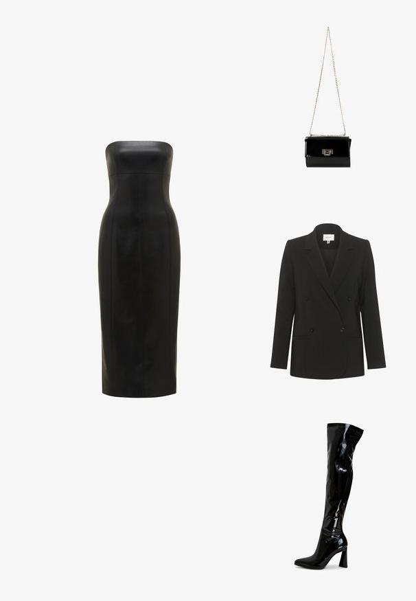 Sort dobbeltbrystet blazer med skræddersyet pasform, reverskrave, to forlommer og sorte knapper. Glat stof med et enkelt design.; Sort, stropløs læderkjole med en tætsiddende silhuet, knælængde, glat overflade og lodrette sømme for definition.; Sorte laklæderstøvler, der går til låret, med spids snude, firkantet blokhæl og glat, blank tekstur. Ingen synligt hardware.; Sort patentlæder håndtaske med en guldkæde-strop, rektangulær form, med en frontklaplukning og et metallisk logo-accent.