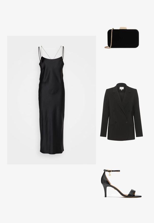 Sort dobbeltbrystet blazer med skræddersyet pasform, reverskrave, to forlommer og sorte knapper. Glat stof med et enkelt design.; HUGO KENZEL - Cocktailkjole / festkjole - black; Sort læder højhælede sandaler med en enkelt rem over tæerne, ankelrem, gul hardware og en slank stilettohæl.; Sort velour clutch med guldfarvede detaljer, rektangulær form og kædestrop, der har en glat tekstur og ingen synlige mønstre.