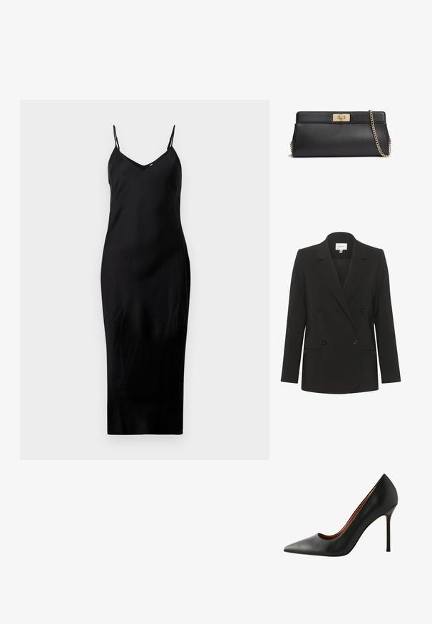 Sort dobbeltbrystet blazer med skræddersyet pasform, reverskrave, to forlommer og sorte knapper. Glat stof med et enkelt design.; Sort sømløs midi kjole med tynde spaghetti stropper og V-udskæring, præsenteret på en ensfarvet hvid baggrund.; Sorte læder højhælede pumps med spids tå og slank silhuet. Karakteristika inkluderer en glat overflade og slank stiletto hæl.; Sort læderclutch med lås i guldmetal og en matchende guld kæderem til skulderen.