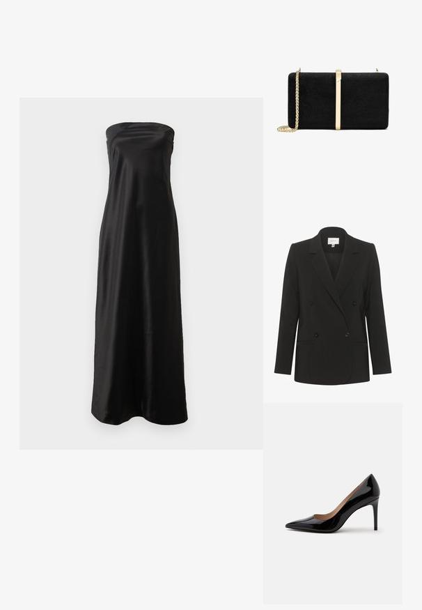 Sort dobbeltbrystet blazer med skræddersyet pasform, reverskrave, to forlommer og sorte knapper. Glat stof med et enkelt design.; Sort stropløs maxikjole lavet af satinmateriale, med et enkelt design, glat tekstur og en flydende silhuet.; Sort laklæder pumps med høje hæle, spids snude og stilethæl, vist i sideprofil på en ensfarvet hvid baggrund.; Sort ruskind clutchtaske med en glat rektangulær form, med en guldfarvet metalaccent og en kædestrop.