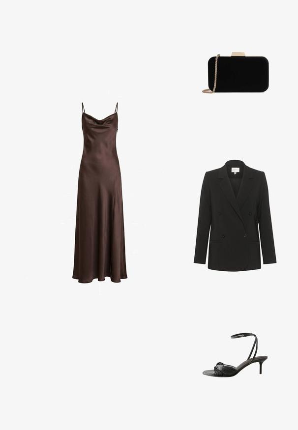 Sort dobbeltbrystet blazer med skræddersyet pasform, reverskrave, to forlommer og sorte knapper. Glat stof med et enkelt design.; Ærmeløs mørkebrun satin natkjole med draperet halsudskæring og gulvlængde.; Sort læderhøjhælet sandal med knude-stropper over tæerne og en tynd ankelrem med spænde.; Sort velour clutch med guldfarvede detaljer, rektangulær form og kædestrop, der har en glat tekstur og ingen synlige mønstre.