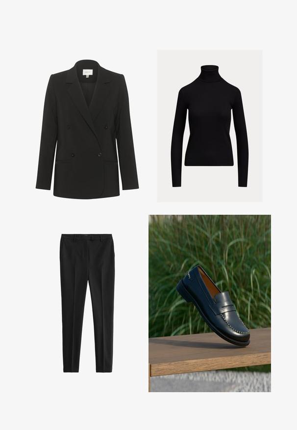 Sort dobbeltbrystet blazer med skræddersyet pasform, reverskrave, to forlommer og sorte knapper. Glat stof med et enkelt design.; Sort, tætsiddende rullekravebluse med lange ærmer og ribstrikket tekstur, vist på en ensartet lys baggrund.; Sorte skræddersyede bukser lavet af glat stof. Har flad front, sidelommer og en slim fit design. Rent, minimalistisk stil.; Mørkeblå læderloafer med beige syninger vist på en træoverflade mod en baggrund af højt grønt græs.