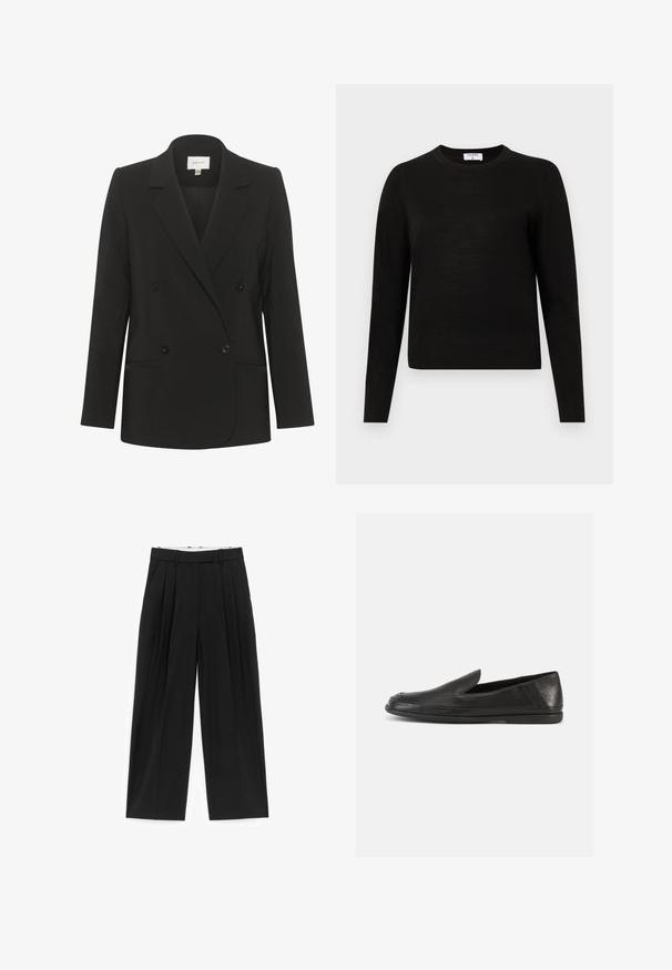Schwarzes, doppelt geknöpftes Blazer mit taillierter Passform, Reverskragen, zwei vorderen Taschen und schwarzen Knöpfen. Glattes Material mit schlichtem Design.; Schwarzer Langarm-Pullover mit Rundhalsausschnitt, aus weichem Strickstoff gefertigt, mit geripptem Saum und Bündchen für eine taillierte Passform.; Schwarze Hosen mit weitem Bein, vorderen Falten, Gürtelschlaufen und Seitentaschen, für eine taillierte Passform gefertigt.; Schwarze Leder-Halbschuhe mit glatter Oberfläche, rundem Zehenbereich und einem minimalistischen Design. Verfügen über eine niedrige, flexible Gummisohle.