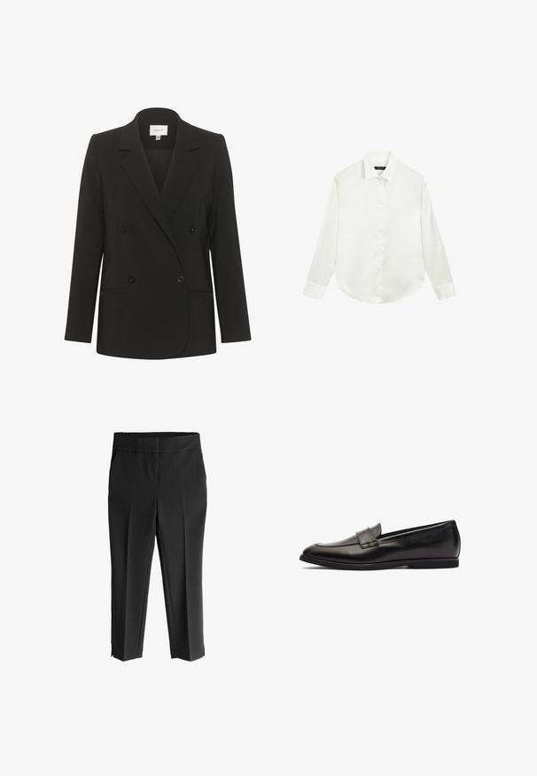Sort dobbeltbrystet blazer med skræddersyet pasform, reverskrave, to forlommer og sorte knapper. Glat stof med et enkelt design.; Hvid skjorte med lange ærmer, krave og manchetter, lagt fladt ud med knapperne fastgjort i midten foran.; Sorte, strækbare bukser med en bred elastisk talje. Har en lige pasform og sideskår ved anklen for øget bevægelsesfrihed.; Sort læder loafersko med en glat finish, rund tå og dobbelte syninger på overdelen. Flad gummisål for komfort.