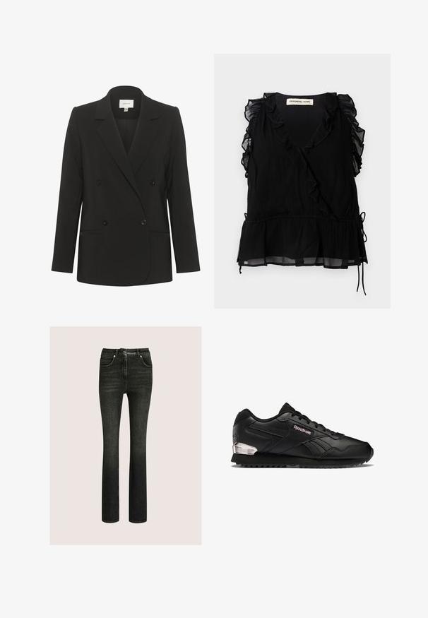Zwarte dubbelzijdige blazer met een getailleerde pasvorm, reverskraag, twee voorzakken en zwarte knopen. Glad stof met een eenvoudig ontwerp.; Zwarte mouwloze top met ruches aan de randen, V-hals en een uitlopende zoom. Gemaakt van lichte stof met een gestructureerde afwerking en een trekkoorddetail.; Zwarte high-waist straight-leg jeans met knopen en ritssluiting aan de voorkant, voor- en achterzakken, licht verouderd was-effect.; Zwarte leren sneaker met een gestructureerde bovenkant, geperste branding en een metalen accent op de hiel. Voorzien van een rubbere zool met grip.