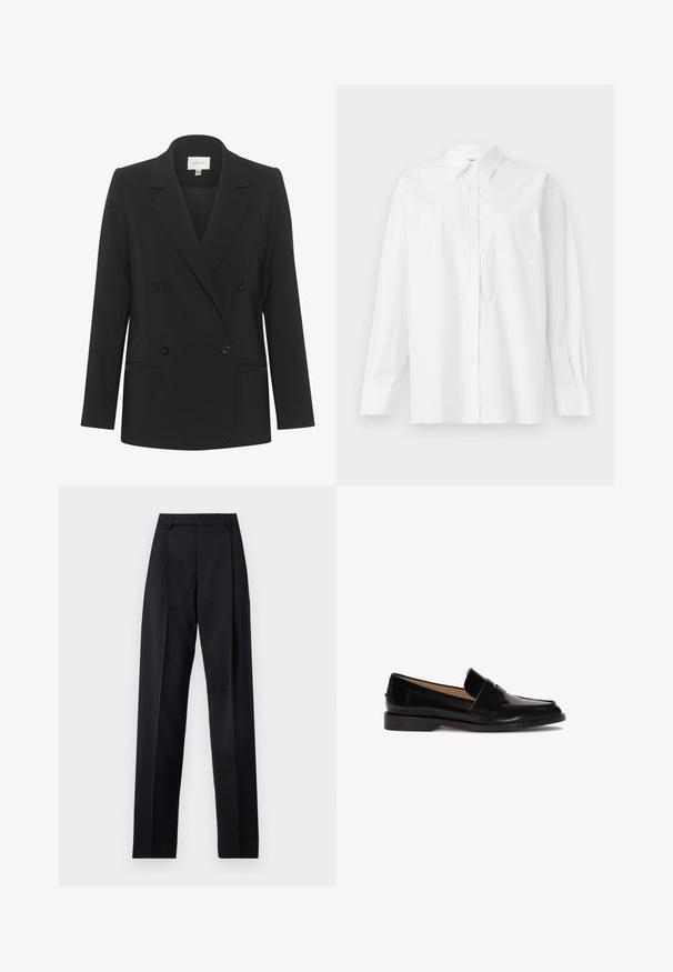 Blazer noir à double boutonnage avec une coupe ajustée, col à revers, deux poches avant et boutons noirs. Tissu lisse avec un design uni.; Chemise blanche à manches longues en coton, avec un col classique, un fermeture à boutons et une poche poitrine simple du côté gauche.; Pantalon noir en tissu lisse avec taille haute, jambes larges, plis à l'avant et passants de ceinture classiques. Pas de poches latérales visibles.; Mocassins en cuir noir avec une finition lisse, à bout rond, et une sangle décorative sur le devant. Design à faible talon carré.