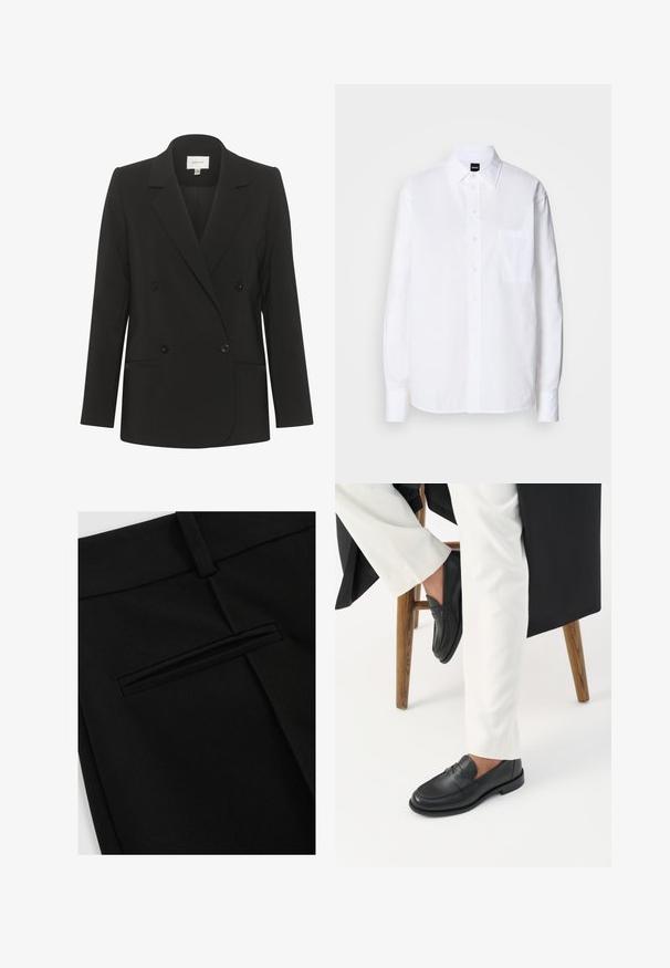 Sort dobbeltbrystet blazer med skræddersyet pasform, reverskrave, to forlommer og sorte knapper. Glat stof med et enkelt design.; Hvid skjorte med knapper lavet af bomuld, med klassisk krave, lange ærmer, en brystlomme og en glat, sprød tekstur.; Sorte bukser lavet af glat stof, med et fladt design foran og en enkelt baglomme med en slidsåbning.; Person iført sorte læder loafers og hvide bukser, siddende på en træskammel mod en hvid baggrund.