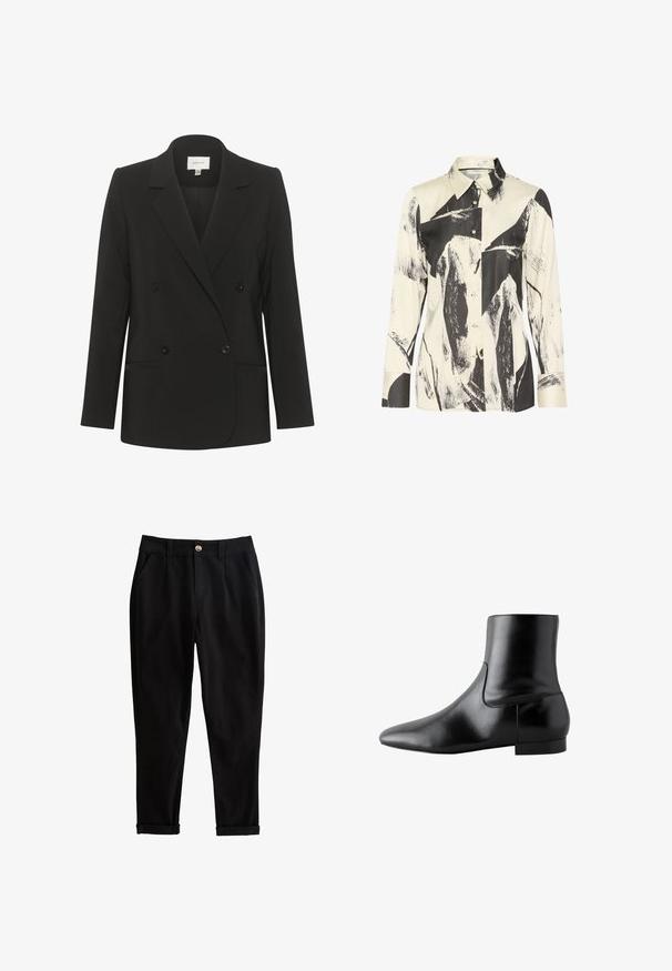 Zwarte dubbelzijdige blazer met een getailleerde pasvorm, reverskraag, twee voorzakken en zwarte knopen. Glad stof met een eenvoudig ontwerp.; Klikshirt in crème en zwart, met een abstracte penseelstrekenpatroon. Lange mouwen, flexibele stof en een traditionele kraagontwerp.; Zwarte chino's van katoen, met een knoopsluiting, zijzakken en opgerolde mouwen voor een slanke pasvorm. Gladde textuur, veelzijdig ontwerp.; Zwart glad leren enkellaarsje met een spitse neus en lage blokhak, zijnaaddetail en een iets hogere schacht.
