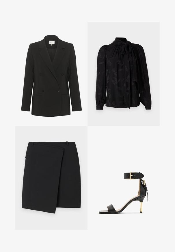 Sort dobbeltbrystet blazer med skræddersyet pasform, reverskrave, to forlommer og sorte knapper. Glat stof med et enkelt design.; Sort bluse med høj krave og bindedetalje. Har et subtilt blomstermønster og puffede lange ærmer med sammensnørede manchetter. Glat tekstur.; Sort omslag nederdel med en glat tekstur, der har en lynlås i siden og to bæltestropper. Simpelt design uden synlige mønstre eller detaljer.; Sort læder hæl sandal med firkantet tå, ankelrem med en guldbuckle og en slank metallisk hæl. Glat tekstur, minimalistisk design.