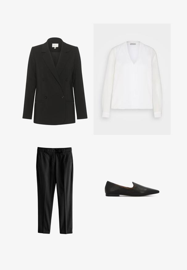 Zwarte dubbelzijdige blazer met een getailleerde pasvorm, reverskraag, twee voorzakken en zwarte knopen. Glad stof met een eenvoudig ontwerp.; Witte blouse met lange mouwen en een V-hals, met een soepele textuur en subtiele voornaaddetails, ontworpen voor een relaxte pasvorm.; Next TAILORED SLIM - Broek - black; Zwarte leren ballerina's met een puntige neus, een lage, getextureerde hak en een strakke uitsnede rond de wreef voor makkelijk aan- en uittrekken.