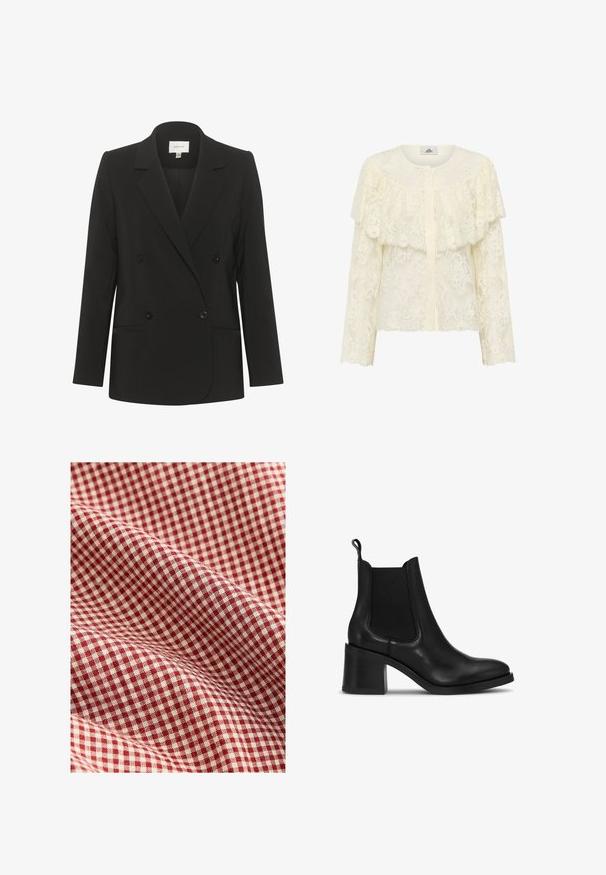 Schwarzes, doppelt geknöpftes Blazer mit taillierter Passform, Reverskragen, zwei vorderen Taschen und schwarzen Knöpfen. Glattes Material mit schlichtem Design.; Cremefarbige Spitzenbluse mit geschichteter Rüschendesign, langen Ärmeln und rundem Ausschnitt. Zartes Blumenmuster und gewellter Saumdetails.; Rot-weiß kariertes Stoff mit Baumwollstruktur, das kleine Quadrate in einem Rastermuster zeigt und ein klassisches Vichymuster bildet.; Schwarze Leder-Stiefeletten mit abgerundetem Zehenbereich, elastischen Seitenpaneelen und Blockabsatz. Verfügt über eine Zuglasche an der Rückseite für einfaches Anziehen.