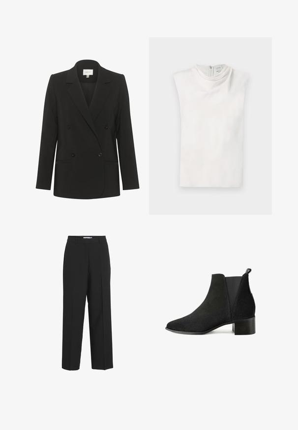 Schwarzes, doppelt geknöpftes Blazer mit taillierter Passform, Reverskragen, zwei vorderen Taschen und schwarzen Knöpfen. Glattes Material mit schlichtem Design.; Weißes ärmelloses Oberteil mit Stehkragen und Reißverschluss auf der Rückseite, flach auf weißem Hintergrund dargestellt.; Schwarze Hose aus glattem Stoff mit einem geraden Schnitt, einem Bund mit Gürtlschlaufen und vorderen Falten für zusätzliche Struktur.; Schwarze Wildleder-Stiefelette mit spitzem Zehenbereich, elastischen Seitenpanelen und einem stabilen Blockabsatz. Minimalistisches Design mit glatter Textur.
