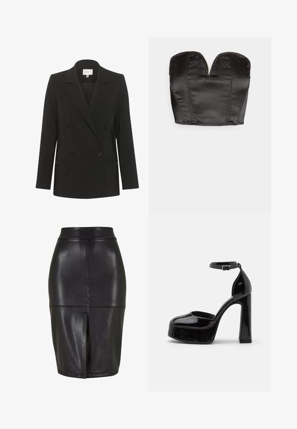 Zwarte dubbelzijdige blazer met een getailleerde pasvorm, reverskraag, twee voorzakken en zwarte knopen. Glad stof met een eenvoudig ontwerp.; Vero Moda VMSALLY CROPPED SIMILI CORSAGE - Top - black; Zwarte leren kokerrok met een getailleerd ontwerp, voorzien van een split aan de achterkant en een soepele textuur. Eenvoudige tailleband en naaddetails.; Zwarte gepatenteerde leren plateauhakken met een enkelsluiting, ronde neus en een blokhak, die een gladde, glanzende textuur laten zien.
