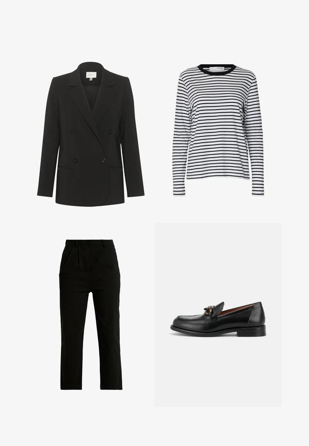 Sort dobbeltbrystet blazer med skræddersyet pasform, reverskrave, to forlommer og sorte knapper. Glat stof med et enkelt design.; Hvid langærmet skjorte med sorte vandrette striber og en sort rund hals, vist på en ensartet hvid baggrund.; Sorte bukser lavet af en bomuldsblanding, med lige pasform, to forlommer, en enkelt knaplukning og synlige syninger.; Sort læderloafer med lav hæl, rundet tå og dekorativ metalspænde foran.
