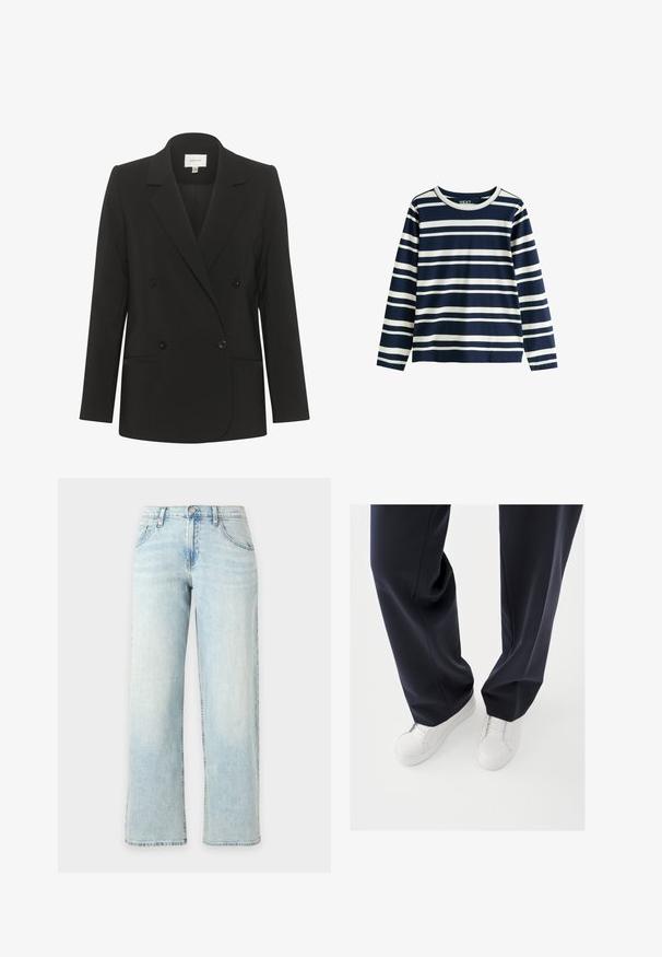 Schwarzes, doppelt geknöpftes Blazer mit taillierter Passform, Reverskragen, zwei vorderen Taschen und schwarzen Knöpfen. Glattes Material mit schlichtem Design.; Marineblaues Langarmshirt mit weißen horizontalen Streifen, Rundhalsausschnitt und lockerem Sitz, aus weichem Baumwollstoff gefertigt. Verfügt über keine sichtbaren Verschlüsse.; Hellblaue Jeans mit geradem Bein, Fronttaschen, Gürtelschlaufen und Knopfverschluss auf weißem Hintergrund.; Weiße Sneakers mit strukturierten Gummisohlen und flachen Schnürsenkeln, kombiniert mit dunkeln, marineblauen Hosen aus lockerem, glattem Stoff und maßgeschneiderter Passform.