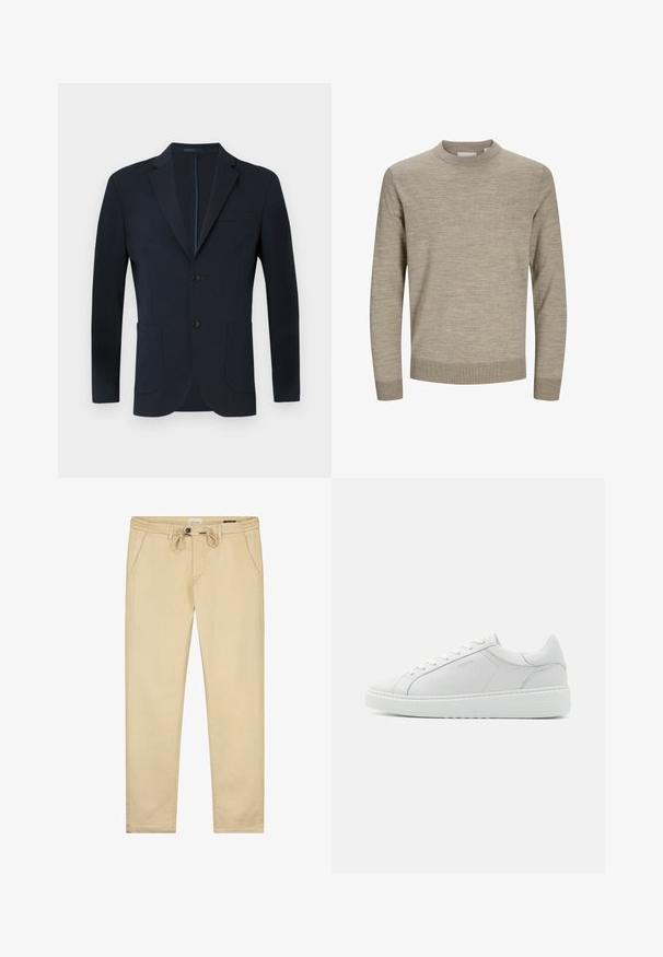 Marineblauer Blazer mit taillierter Passform, zwei Knöpfen, Reverskragen und zwei vorderen Taschen. Glattes Gewebe mit dezentem Glanz und ohne sichtbare Muster.; Beiger Pullover mit Rundhalsausschnitt und langen Ärmeln, mit gerippten Bündchen und Saum, auf weißem Hintergrund präsentiert.; Beige Baumwollhose mit Kordelzugbund, seitlichen Taschen und geradem Bein Design. Glatte Textur mit minimalen Details.; Weißer Ledersneaker mit glatter Textur, runder Zehenpartie, niedrigem Profil und dezentem Branding an der Seite. Gepolsterter Schaft und Schnürsenkel.