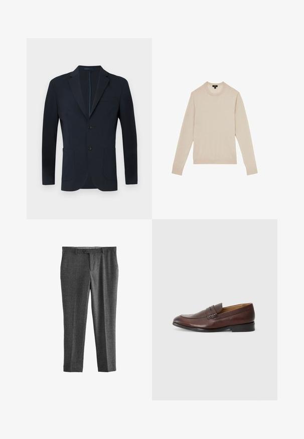 Marineblauer Blazer mit taillierter Passform, zwei Knöpfen, Reverskragen und zwei vorderen Taschen. Glattes Gewebe mit dezentem Glanz und ohne sichtbare Muster.; Heller beiger Pullover mit langen Ärmeln und rundem Halsausschnitt. Aus weichem Stoff gefertigt, mit gerippten Bündchen und Saum. Minimalistisches Design ohne Muster.; Graue maßgeschneiderte Hose aus strukturiertem Stoff, mit Reißverschluss, vorderen Taschen und geradem Bein. Keine sichtbaren Muster oder Akzente.; JOOP! KLEITOS - Slipper - brown
