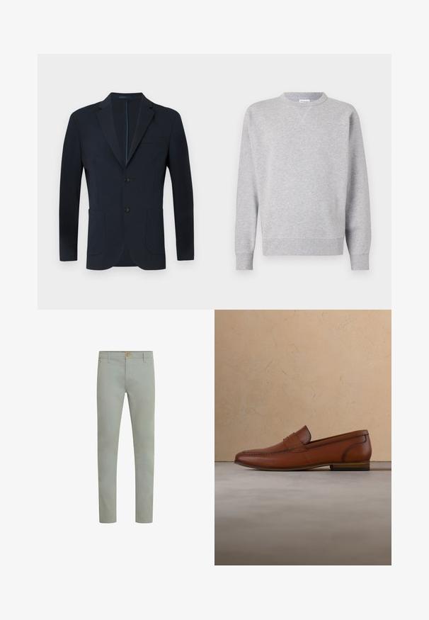 Námornícky modrý blazer s priliehavým strihom, dvoma gombíkmi, klopami a dvoma prednými vreckami. Hladká tkanina s jemným leskom a bez viditeľných vzorov.; Sivý mikina vyrobená z mäkkej látky, s okrúhlym výstrihom, dlhými rukávmi, rebrovanými manžetami a rovnými ukončeniami. Bez viditeľných vzorov alebo grafiky.; Svetlozelené bavlnené nohavice so rovnomerným strihom, predné vrecká a jediné zapínanie na gombík v páse. Hladká textúra, minimalistický dizajn.; Hnedá kožená mokasína vznášajúca sa nad béžovým kobercom s rozmazanou svetlohnedou pohovkou v pozadí.