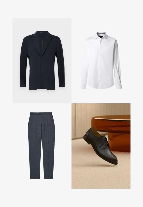 Námornícky modrý blazer s priliehavým strihom, dvoma gombíkmi, klopami a dvoma prednými vreckami. Hladká tkanina s jemným leskom a bez viditeľných vzorov.; Biela košeľa s dlhým rukávom z hladkej látky, s klasickým golierom a zapínaním na gombíky vpredu. Obsahuje manžety na gombíky a zaoblený spodný lem.; Tmavosivé na mieru šité nohavice s bočnými vreckami a gombíkovými nastaviteľnými pásikovými záložkami, úzky rovný strih nohavíc.; Čierna kožená šnurovacia elegantná topánka vznášajúca sa nad béžovým kobercom, s guľatým oranžovým stolom v pozadí.