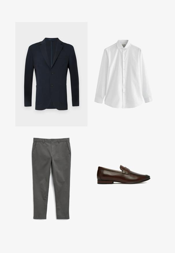 Blazer azul marino con un corte ajustado, dos botones, solapas en pico y dos bolsillos frontales. Tejido suave con un ligero brillo y sin patrones visibles.; Next SINGLE CUFF REGULAR FIT - Camisa elegante - white penny collar; Next STRETCH - Pantalones chinos - dark grey; Mocasín de hombre de piel marrón con tacón bajo y detalle de correa sobre la pala, mostrado en perfil lateral sobre fondo blanco.