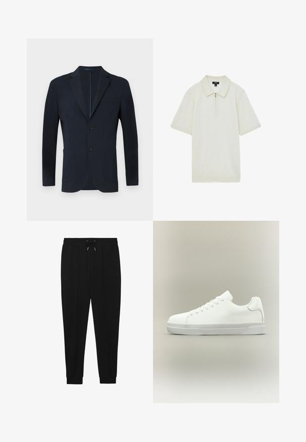 Marineblå blazer med skræddersyet pasform, to knapper, notch ombuk og to frontlommer. Glat stof med en subtil glans og ingen synlige mønstre.; Zip-neck polo shirt i cremefarve, lavet af blødt stof, med en spids krave, korte ærmer og en lige kant.; Sorte træningsbukser med snøre i taljen, tapered ben og ribbede manchetter. Fremstillet af et blødt stof med en glat tekstur.; Hvid lavtop sneaker med snørelukning foran, polstret krave og tekstureret gummisål, vist i sidelayout på neutral baggrund.