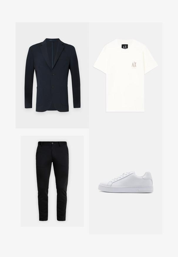Námornícky modrý blazer s priliehavým strihom, dvoma gombíkmi, klopami a dvoma prednými vreckami. Hladká tkanina s jemným leskom a bez viditeľných vzorov.; Biele krátke bavlnené tričko s krátkym rukávom, na hrudi s malým béžovým vyšívaným logom. Okrúhly výstrih s voľným strihom.; Štíhle čierne nohavice s pútkami na opasok, predným zapínaním na gombík a bočnými vreckami, zobrazené na svetlo šedom pozadí.; Biele kožené tenisky s hladkým povrchom, okrúlym špicom, šnurovaním vpredu a plochou gumovou podrážkou. Na päte majú embosované logo.