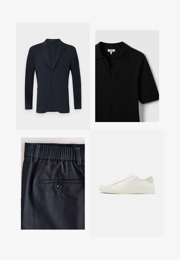 Marineblå blazer med skræddersyet pasform, to knapper, notch ombuk og to frontlommer. Glat stof med en subtil glans og ingen synlige mønstre.; Sort kortærmet polo skjorte lavet af blødt stof, med v-hals og klassisk krave, med minimal syning og ingen synlige mønstre.; Nærbillede af mørke navy bukser med elastisk ryg, bæltestropper og enkelt knappet baglomme med kant.; Hvide lædersneakers med en glat overflade, rund tå og minimalistisk design. Funktioner i beige nuancer på hælen og en gummisål.