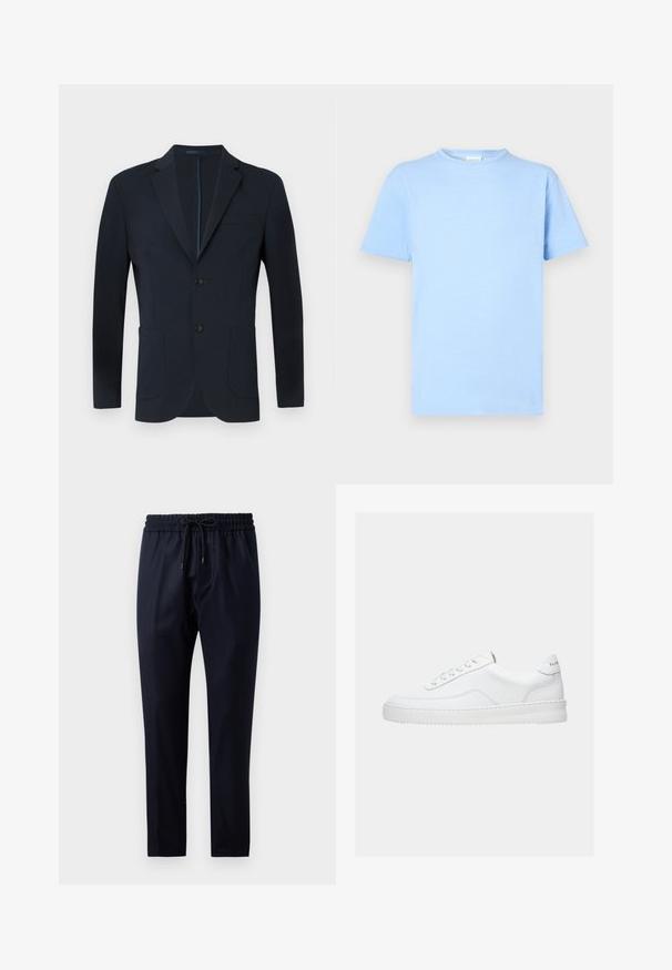 Blazer azul marino con un corte ajustado, dos botones, solapas en pico y dos bolsillos frontales. Tejido suave con un ligero brillo y sin patrones visibles.; Camiseta de manga corta azul claro hecha de tela suave. Diseño de cuello redondo, dobladillo recto y textura mínima. Sin patrones ni adornos.; Pantalones azul marino de tela suave, con una cinturilla elástica y cordón, diseño de pierna recta y sin patrones ni acentos visibles.; Zapatilla deportiva blanca de corte bajo con diseño con cordones, parte superior de cuero liso y suela gruesa, vista de lado sobre un fondo liso.