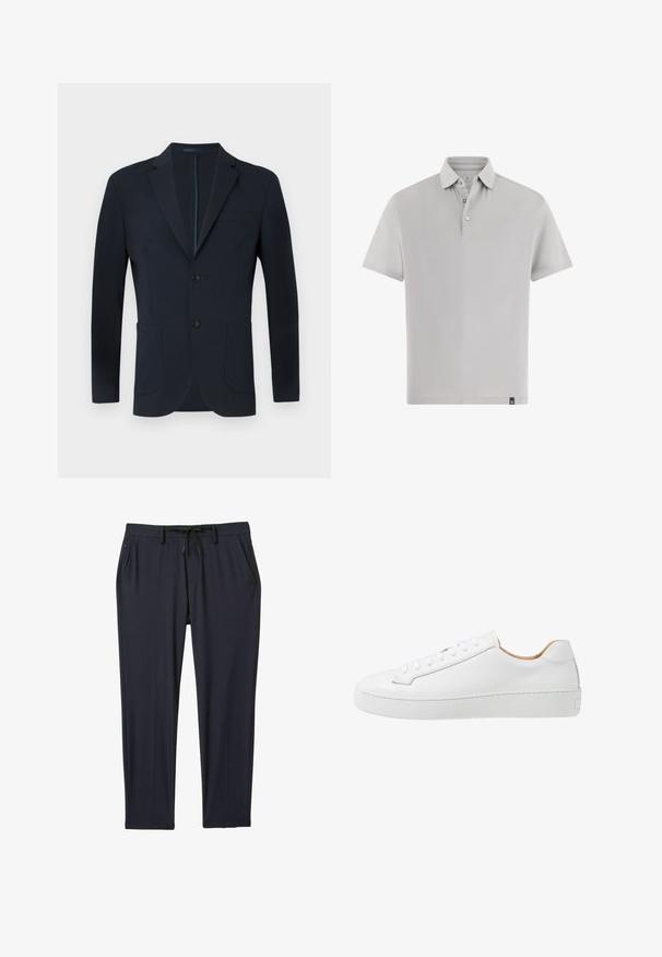 Marineblå blazer med skræddersyet pasform, to knapper, notch ombuk og to frontlommer. Glat stof med en subtil glans og ingen synlige mønstre.; Grå kortærmet polo i glat stof. Har en klassisk krave, to-knaps lukning og en lille mærketag på sømmen.; Marineblå sportsbukser lavet af strækbart stof, med elastisk talje og snøre, to sidelommer og lige ben.; Hvide lædersneakers med en glat overflade, afrundet tå, flad snørebåndsdesign og en tyk gummisål med et struktureret grebmønster.