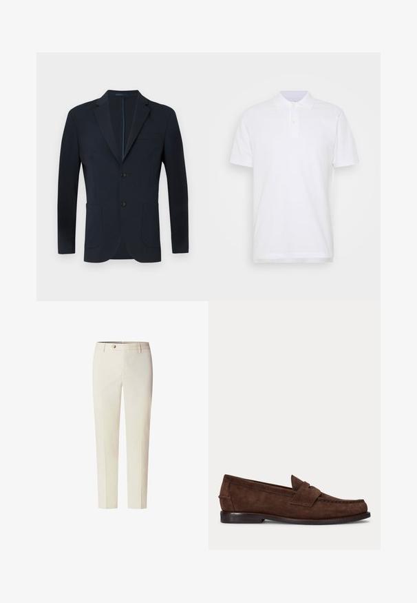 Námornícky modrý blazer s priliehavým strihom, dvoma gombíkmi, klopami a dvoma prednými vreckami. Hladká tkanina s jemným leskom a bez viditeľných vzorov.; Biely polo tričko s klasickým golierom, trojiciou gombíkov a krátkymi rukávmi. Vyrobené z hladkej bavlnenej tkaniny s jednoduchým dizajnom.; Krémové na mieru šité nohavice s gombíkom a zipsom, pútkami na opasok a úzkymi rovnými nohavicami.; Hnedý semišový penny loafer s nízkym opätkom a viditeľným prešitím pozdĺž špičky, bokov a zadnej časti, zobrazený na jednolivom svetlom pozadí.
