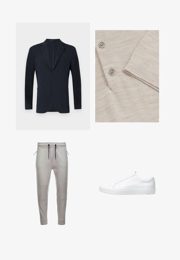 Marineblauer Blazer mit taillierter Passform, zwei Knöpfen, Reverskragen und zwei vorderen Taschen. Glattes Gewebe mit dezentem Glanz und ohne sichtbare Muster.; Hellbeige Strickjacke mit feiner Maschenstruktur. Verfügt über drei metallische Knöpfe und gerippte Bündchen für ein strukturiertes Finish.; Helle graue Jogginghosen aus weichem Stoff mit einem elastischen Bund, schwarzen Kordeln, seitlichen Reißverschlusstaschen und gerippten Bündchen an den Knöcheln.; Weißer Ledersneaker mit abgerundetem Zehenbereich, flacher Gummisohle und minimalistischem Schnürdesign. Glatte Textur, keine sichtbaren Muster oder Akzente.