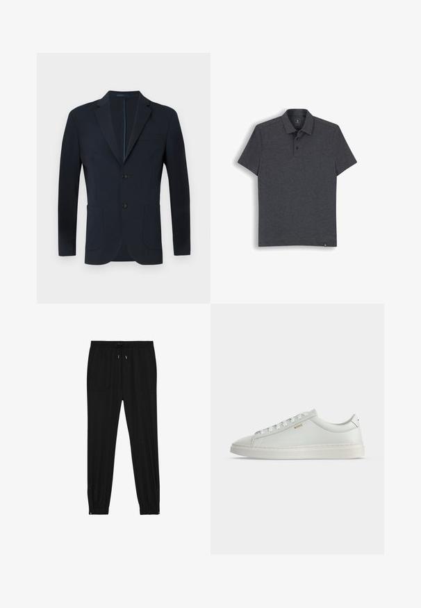 Marineblauwe blazer met een getailleerde pasvorm, twee knopen, terugvallende revers en twee voorkruiken. Glad stof met een subtiele glans en zonder zichtbare patronen.; Donkergrijs poloshirt met korte mouwen, kraag en drie knopen, platliggend op een witte achtergrond.; Zwarte joggingbroek gemaakt van zachte stof. Voorzien van een elastische tailleband met trekkoord, twee voorke pockets en ritsen bij de enkels voor gemakkelijk aan en uit trekken.; Witte lage leren sneaker met veters, platte zool en klein gouden "BOSS" logo aan de zijkant, gezien vanaf de buitenkant.