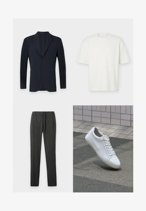 Marineblå blazer med skræddersyet pasform, to knapper, notch ombuk og to frontlommer. Glat stof med en subtil glans og ingen synlige mønstre.; Hvid tekstureret T-shirt med korte ærmer og rund hals med en almindelig pasform og et lille mærke indeni kraven.; Mørkegrå bukser med struktureret stof, lige ben-design, forknyttede folder og en talje med snor. Ingen synlige lommer eller detaljer.; Hvide sneakers med en tekstureret læderoverdel, flade snørebånd og en glat gummisål. Let afrundet tå og minimalistisk design.