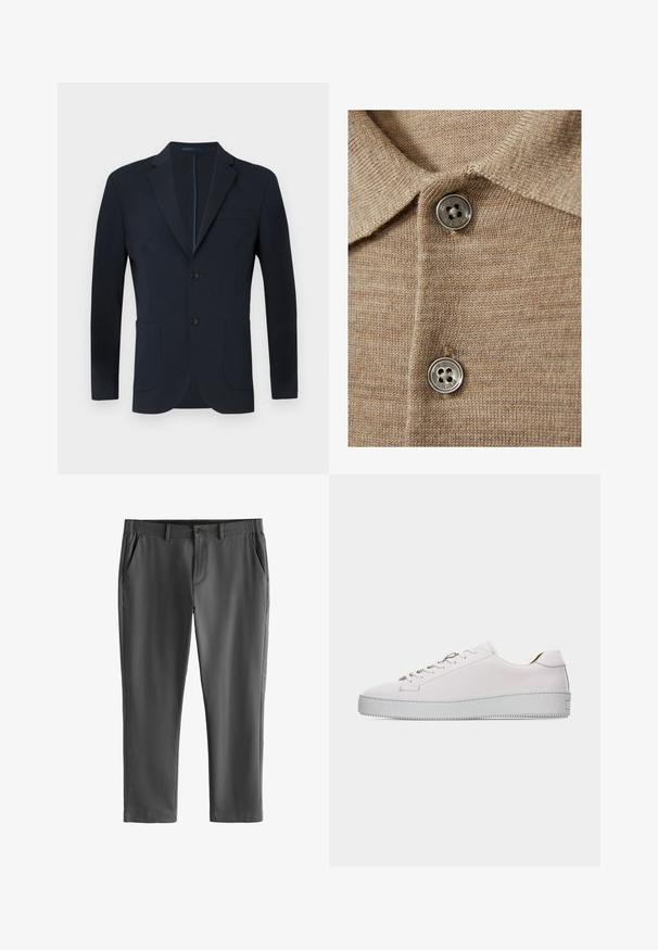 Marineblå blazer med skræddersyet pasform, to knapper, notch ombuk og to frontlommer. Glat stof med en subtil glans og ingen synlige mønstre.; Beige strikket polo shirt med krave, der har to sølvknapper og et fint, tekstureret stof.; Mørkegrå skræddersyede bukser med bæltestropper, forreste knap og lynlås lukning samt skrå sidelommer, vist på en hvid baggrund.; Hvid lædersneaker med lavt snit, hvide snørebånd, flad, tekstureret gummisål og minimal syning, vist fra ydersiden på en hvid baggrund.