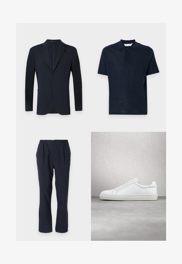 Marineblauwe blazer met een getailleerde pasvorm, twee knopen, terugvallende revers en twee voorkruiken. Glad stof met een subtiele glans en zonder zichtbare patronen.; Marineblauwe polo t-shirt van zacht materiaal, met korte mouwen, klassieke kraag, drieknoopsluiting en een ontspannen pasvorm.; Marineblauwe broeken van zachte stof met een elastische tailleband, voorzien van voorplooien en een recht model.; Witte sneaker met een gladlederen bovenwerk en een laag profiel. Voorzien van een ronde neus, zes vetergaatjes en een gestructureerde rubberen zool.
