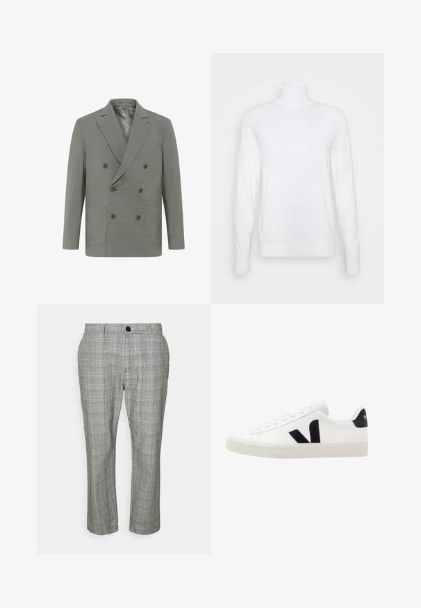 Dobbeltbrystet blazer i lys grå stof med klapkrave, fire knapper, to forlommer og en glat indvendig foret.; Hvid turtleneck sweater med lange ærmer, lavet af glat stof. Har et tætsiddende design og ribbede manchetter og kant. Ingen mønstre eller accenter.; Grå, ternede bukser med en skræddersyet pasform, der har lynlås, knaplukning og sidelommer. Stoffet har en glat tekstur.; Hvide lædersneakers med sorte ruskindsdetaljer; har en gummisål, rund tå og klassisk snørebåndsdesign. Side logo i sort.
