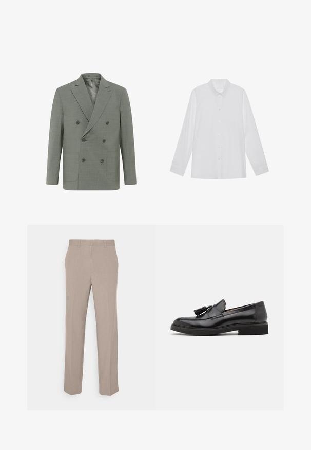 Blazer de doble botonadura en tejido gris claro, con solapas con muesca, cuatro botones, dos bolsillos frontales y un forro interior suave.; Camisa blanca de manga larga hecha de tela suave, con cuello puntiagudo, cierre frontal de botones y puños de un solo botón.; Pantalones beige confeccionados con tela ligera, que presentan un diseño de pierna recta y un frente plano. Sin patrones o adornos visibles.; Mocasines de cuero negro con detalles en borla, puntera redondeada y suela texturizada. Presentan un acabado suave y un diseño minimalista.
