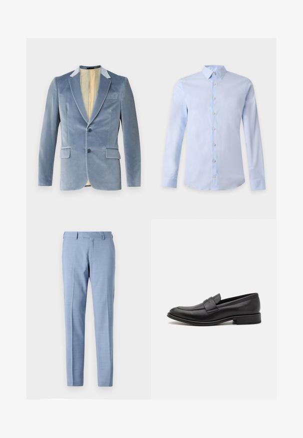 Blazer en velours bleu clair avec deux boutons, revers en pointe et deux poches avant. L'intérieur est doté d'une doublure crème. Texture très douce.; Chemise habillée homme bleu clair à manches longues avec col classique et boutons blancs sur le devant sur un fond uni.; Pantalon habillé bleu clair ajusté avec devant plat, poches latérales, passants pour ceinture et coupe droite sur un fond uni.; Mocassin en cuir noir avec une finition lisse, une sangle décorative sur le dessus, un bout rond et un petit talon empilé.