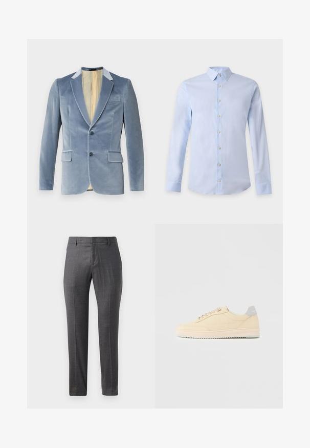 Blazer de terciopelo azul claro con dos botones, solapas con muesca y dos bolsillos frontales. El interior cuenta con un forro de color crema. Textura súper suave.; Camisa de hombre de vestir de manga larga azul claro con cuello clásico y botones blancos en el frente sobre un fondo liso.; Pantalones de lana gris con un corte plano, ajuste Slim, textura sutil y diseño clásico. Cuenta con bolsillos laterales y cierre de cremallera.; Zapatilla deportiva beige de corte bajo con cierre de cordones en la parte delantera, suela rosa claro y lengüeta trasera gris con la marca "Filling Pieces", mostrada de perfil sobre un fondo liso.