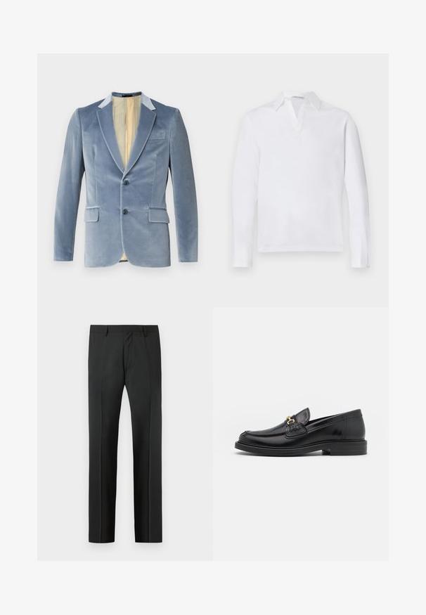 Blazer en velours bleu clair avec deux boutons, revers en pointe et deux poches avant. L'intérieur est doté d'une doublure crème. Texture très douce.; Polo-shirt blanc à manches longues avec un col pointu et une patte de boutonnage partielle. Tissu en coton doux avec une texture unie. Pas d'accents visibles.; Pantalon habillé noir sur mesure avec passants de ceinture et un pli devant, présenté sur un fond gris clair.; Mocassins en cuir noir avec un embout rond, présentant des accents en métal doré et des détails de couture, montés sur une semelle en caoutchouc texturé et basse.
