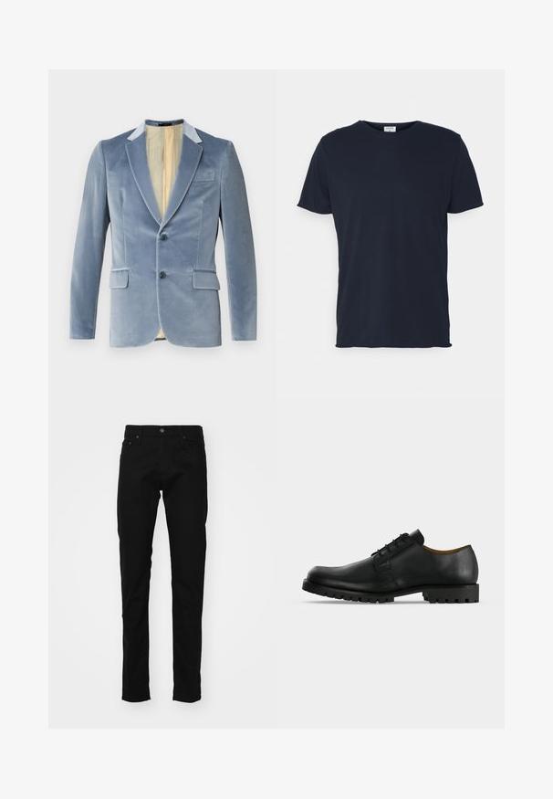 Blazer de terciopelo azul claro con dos botones, solapas con muesca y dos bolsillos frontales. El interior cuenta con un forro de color crema. Textura súper suave.; Camiseta de algodón azul marino con cuello redondo y mangas cortas, de textura suave y diseño simple, sin patrones ni acentos visibles.; Vaqueros de mezclilla negros con un ajuste slim, que presentan un diseño clásico de cinco bolsillos, botón de metal y costuras decorativas en los bolsillos.; Zapato de vestir negro de cuero con cordones, suela gruesa y acanalada y tacón bajo mostrado sobre fondo blanco.