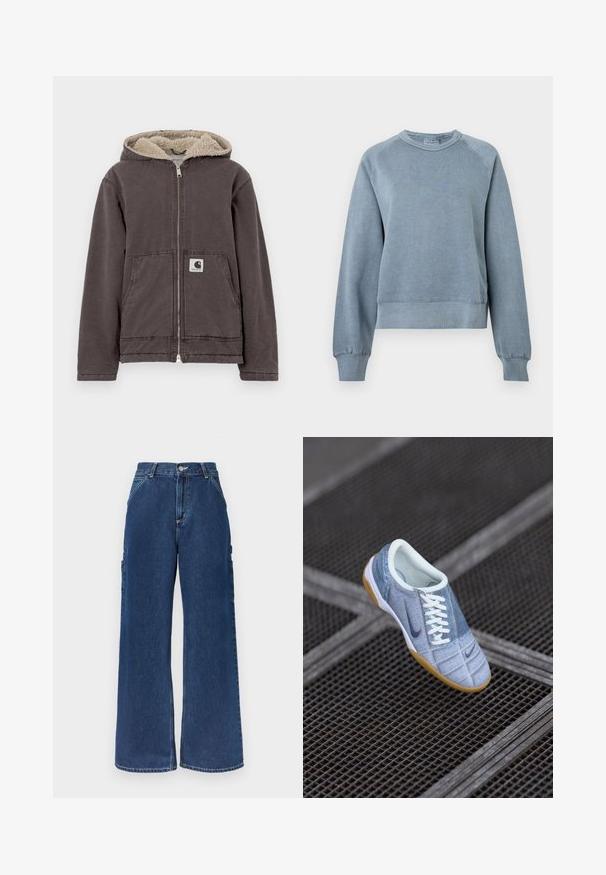 Grå lynlåstrøje med hætte, med beige kunstpelsfor, to forlommer og et lille logo på venstre lomme.; Blå bomulds sweatshirts med rund hals, ribbede manchetter og kant. Har en afslappet pasform og raglanærmer, med en blød tekstur for komfort.; Mørkeblå denimjeans med høj talje og brede ben, med forlommer, sidelommer til værktøj, og lukning med knap og lynlås.; Lys blå denim sneaker med hvide snørebånd og mørkeblå accenter, med rund tå og gummirødsål. Tekstureret overflade med syningsdetaljer.