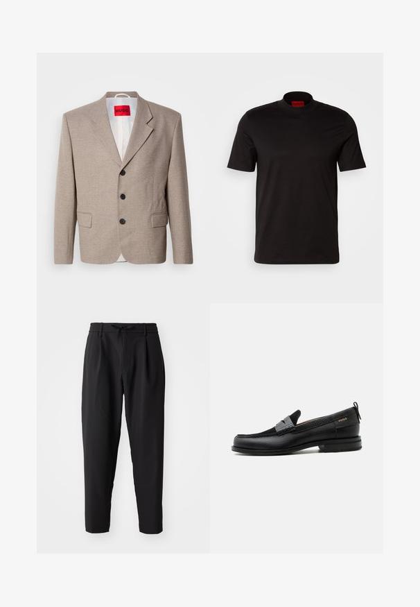 Veste beige ajustée avec épaules structurées, design à un seul bouton, trois boutons noirs, deux poches avant et étiquette HUGO en rouge.; T-shirt noir à manches courtes avec un design à col haut. Fabriqué en tissu lisse. Présente une étiquette de marque rouge à l'intérieur du col.; Pantalons noirs fuselés avec une taille élastique et un cordon de serrage. Tissu lisse avec une texture légère, présentant des plis et des poches latérales.; Mocassin en cuir noir avec détail de bride grise, talon bas et semelle texturée, marqué "HUGO" en or sur le côté.