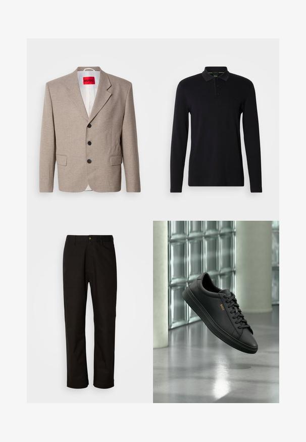 Veste beige ajustée avec épaules structurées, design à un seul bouton, trois boutons noirs, deux poches avant et étiquette HUGO en rouge.; Polo noir à manches longues en tissu lisse. Doté d'un col, d'une patte de boutonnage à trois boutons et d'un logo discret sur la poitrine.; Pantalon en coton noir avec une coupe droite, des passants de ceinture, une fermeture éclair à l'avant et un seul bouton. Texture lisse sans motifs visibles.; Baskets basses en cuir noir avec lacets noirs et logo BOSS doré sur le côté, flottant au-dessus d’un sol gris brillant dans un espace intérieur moderne.